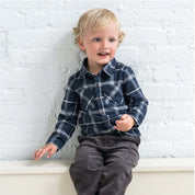 Kids Organic Navy Plaid Flannel Long Sleeve Shirt