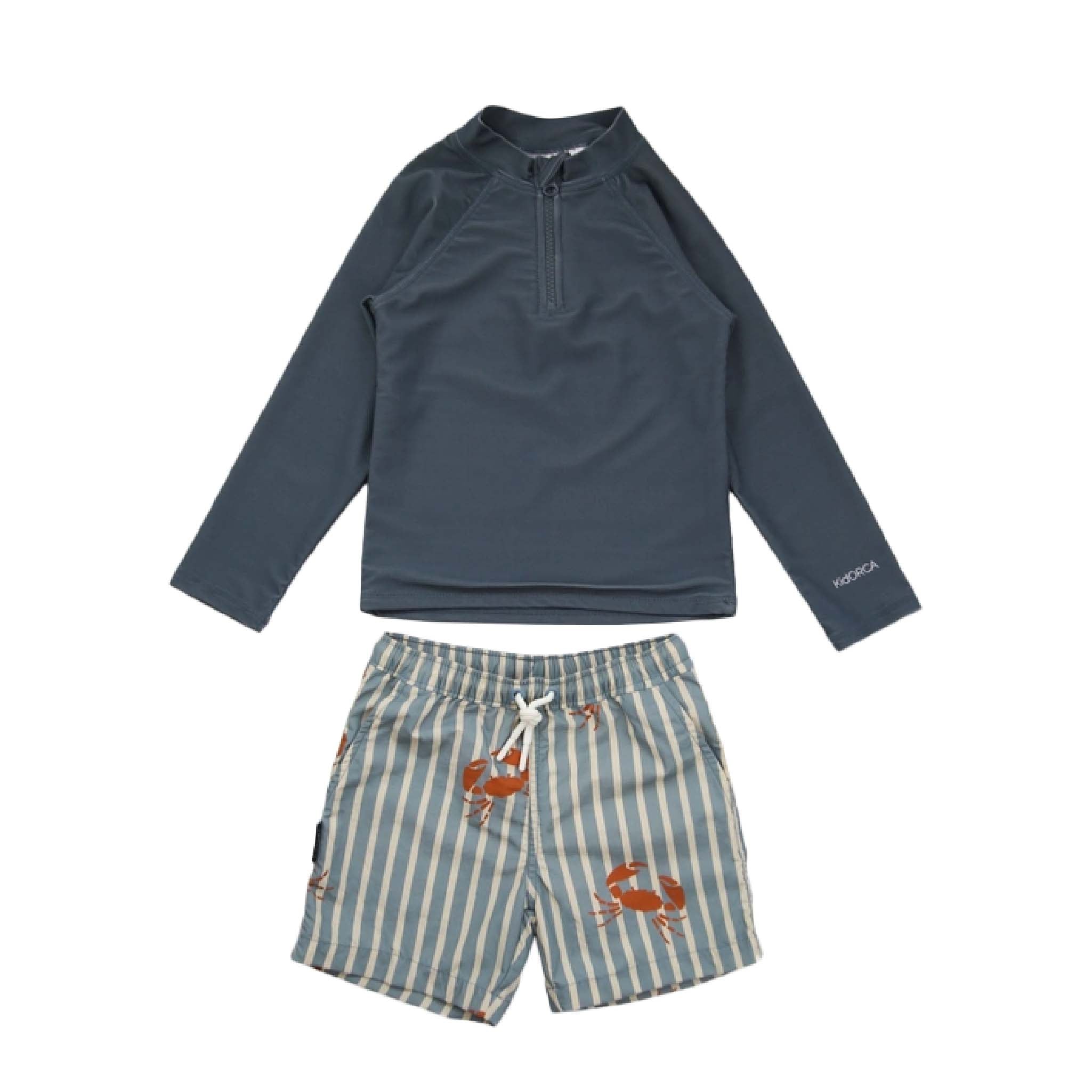 Boys Sustainable UV Swim Trunks – Crab Slate Stripe