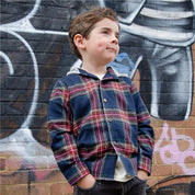 Boys Cotton Hooded Plaid Shirt in Classic Blue Check