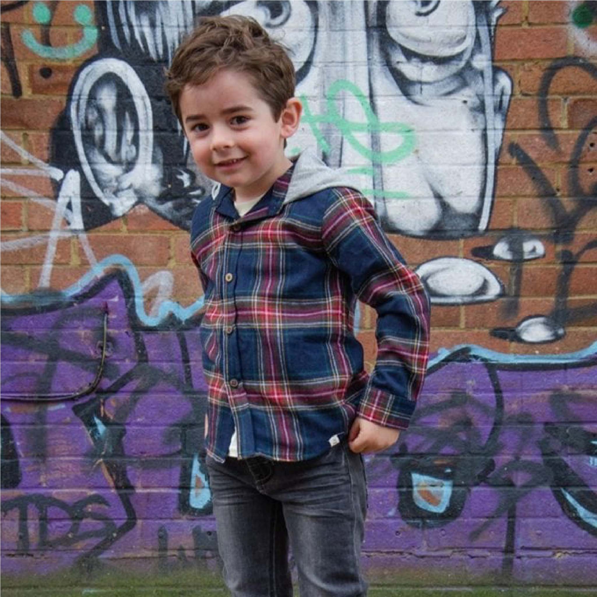 Boys Cotton Hooded Plaid Shirt in Classic Blue Check