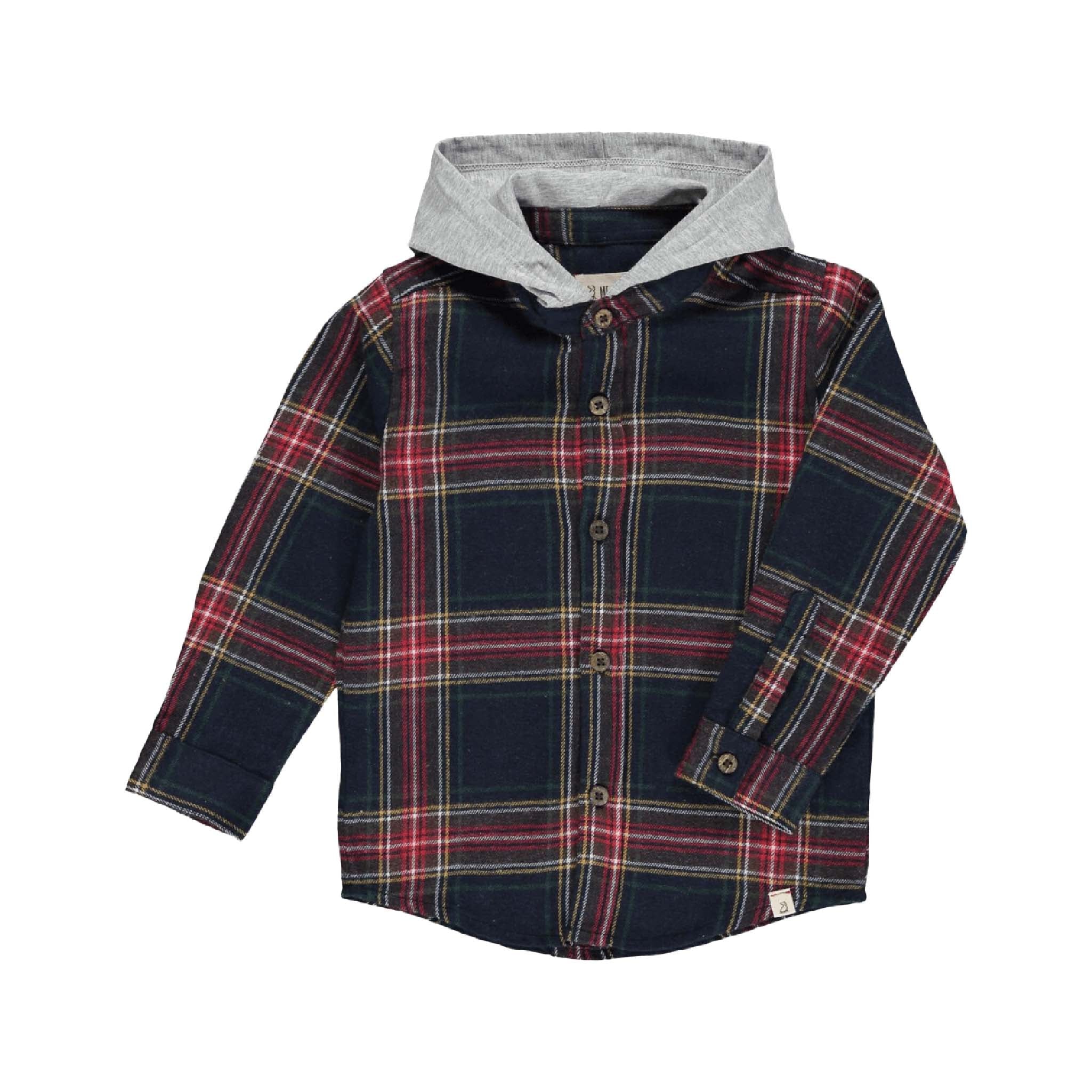 Boys Cotton Hooded Plaid Shirt in Classic Blue Check