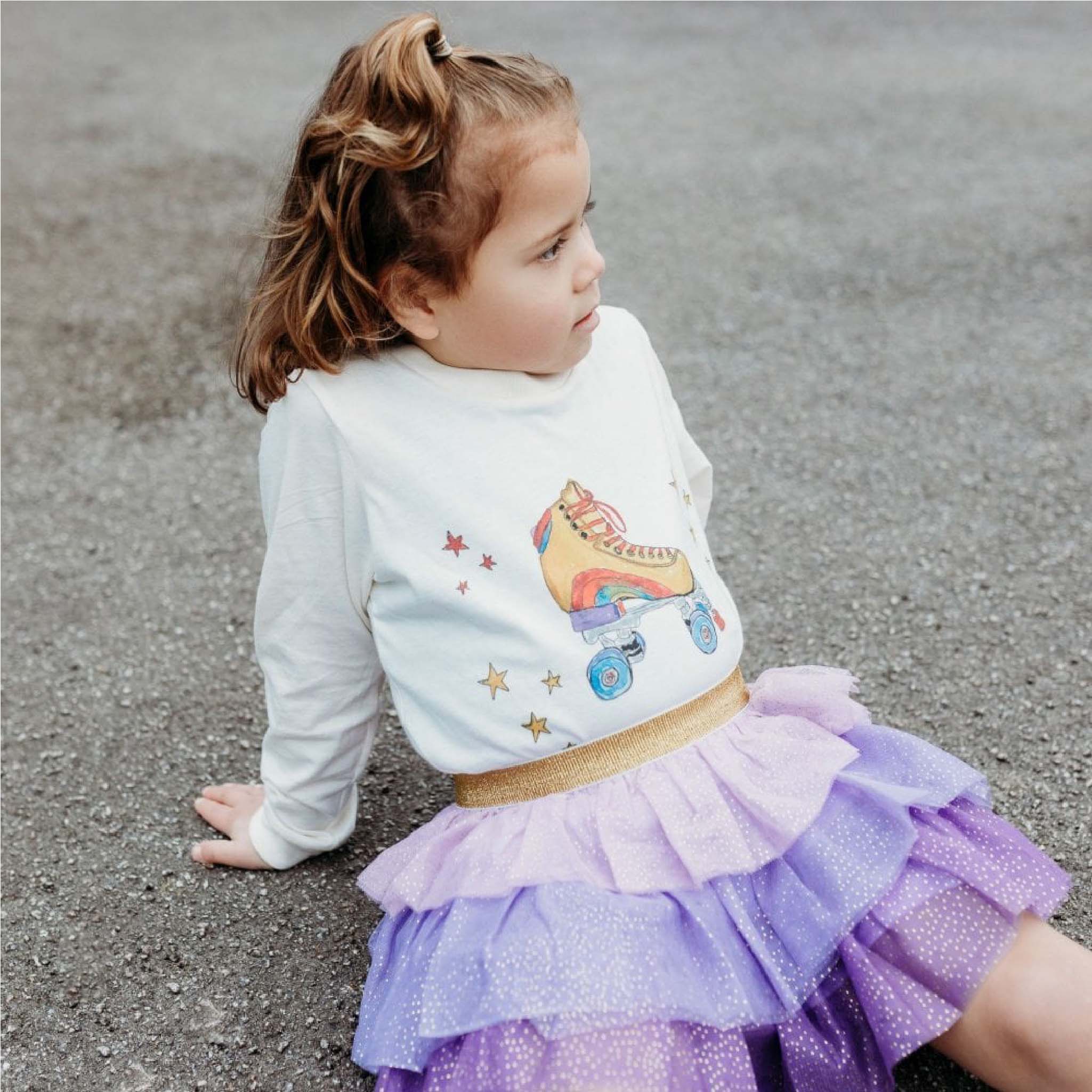 Girls Organic Cotton Retro Roller Skate Long-Sleeve T-Shirt in Natural