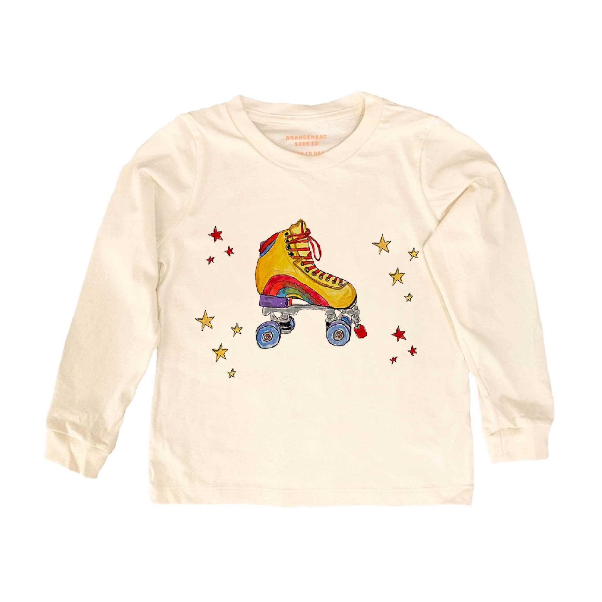 Girls Organic Cotton Retro Roller Skate Long-Sleeve T-Shirt in Natural