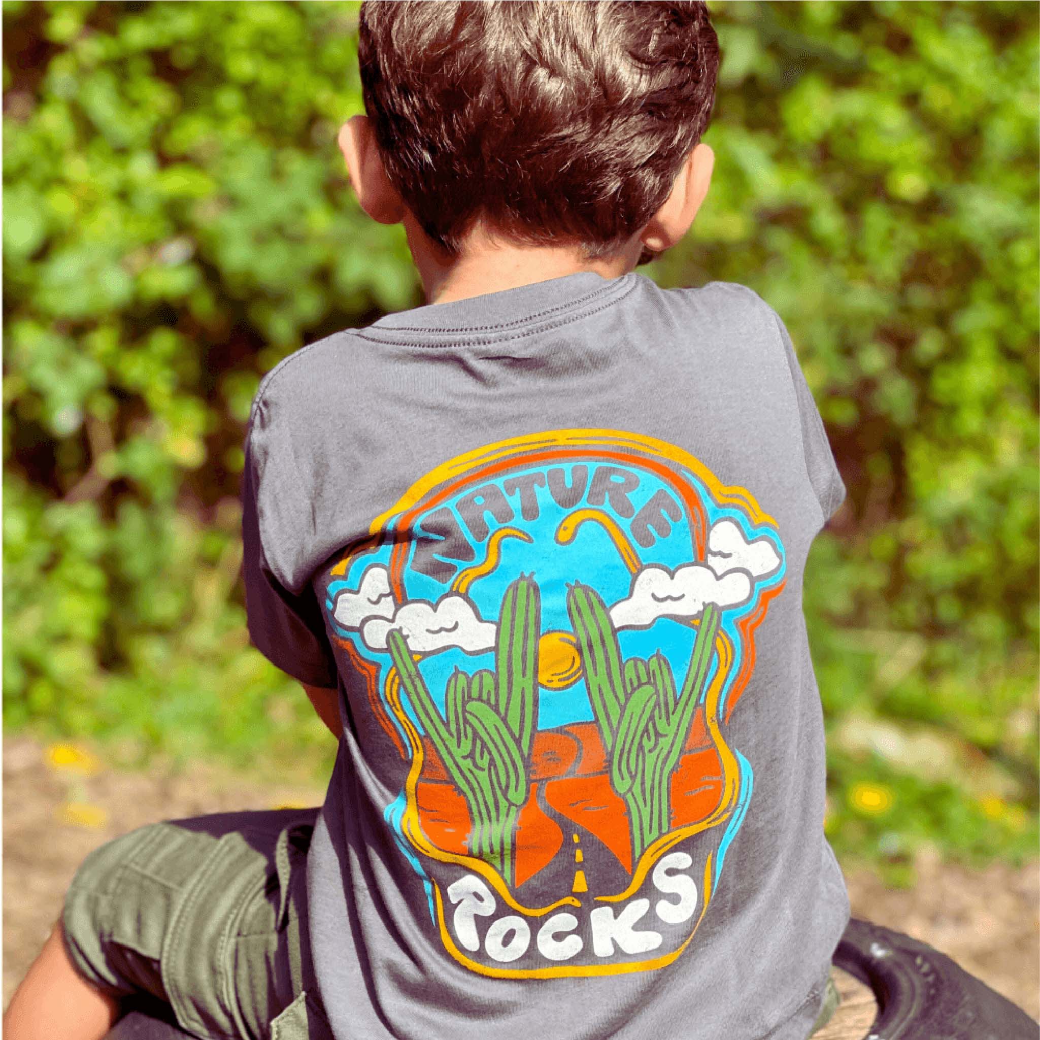 Kids Retro Nature Rocks T-Shirt in Asphalt Grey