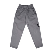 Gray pants with a small black logo on a white background