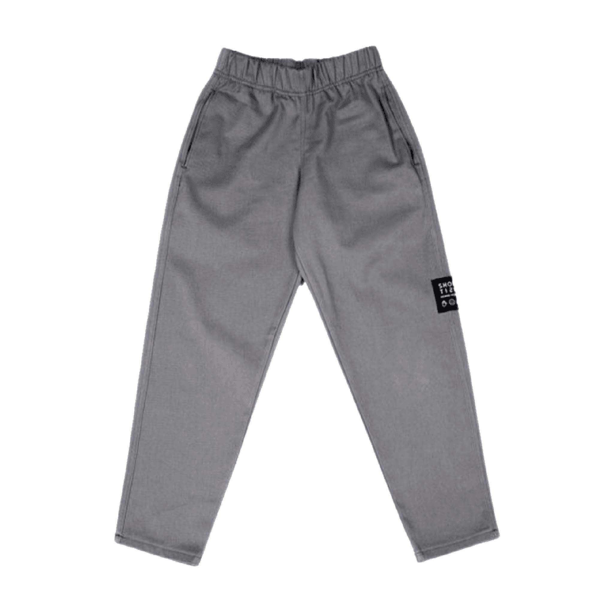 Gray pants with a small black logo on a white background