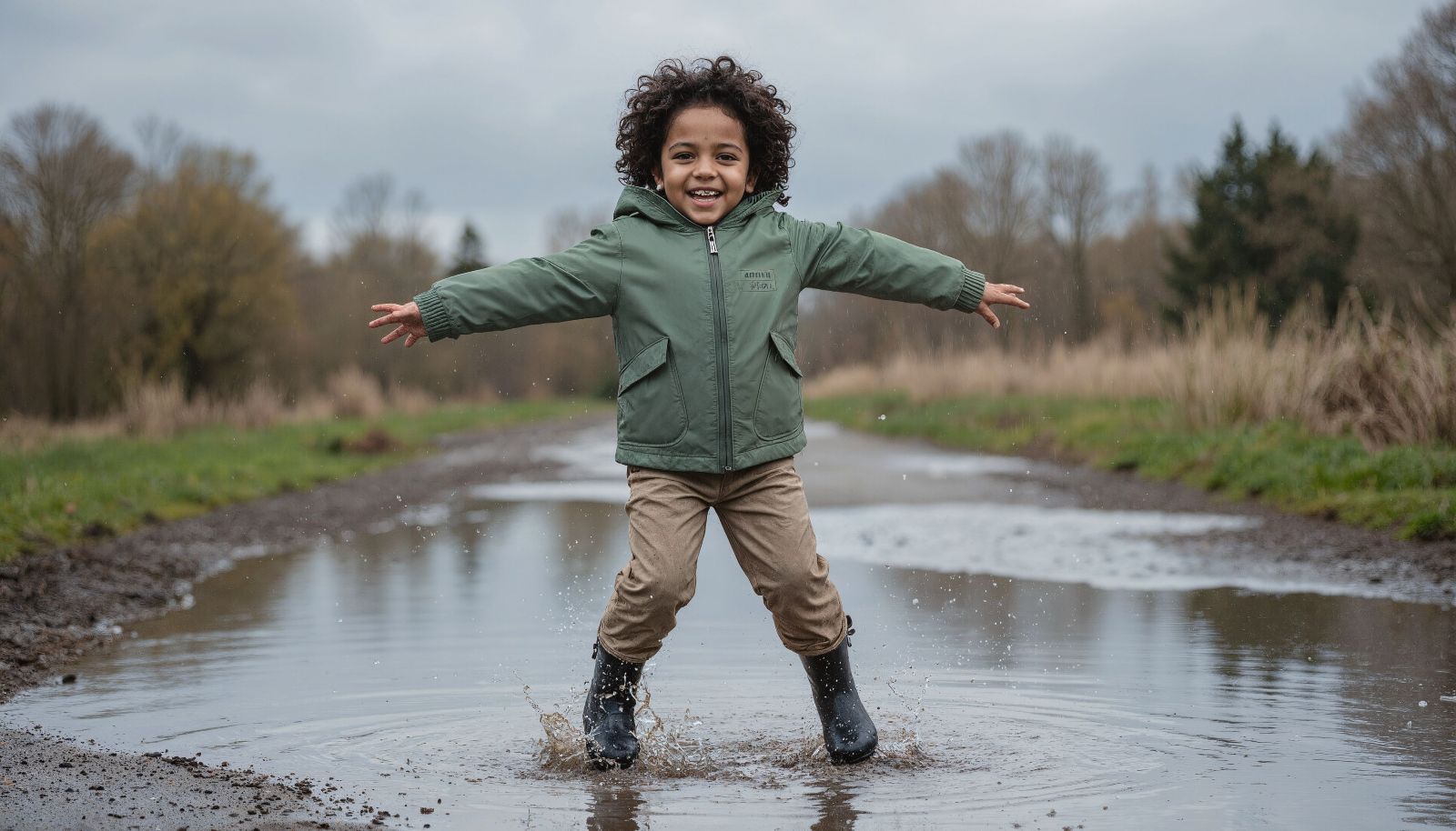Young child in khaki Grass Air rain jacket playing in puddles outdoors – sustainable kids outerwear from All Things Dylan.