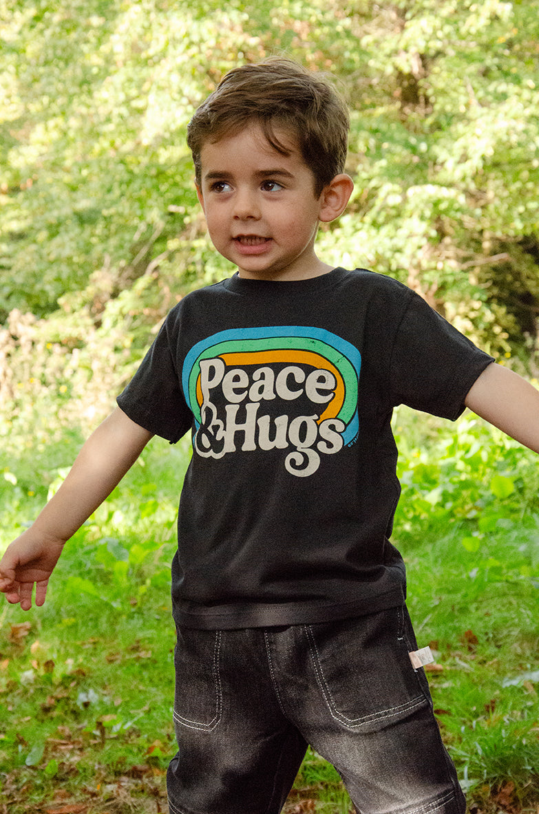 Rivet Apparel Co. - Kids Unisex Vintage Black Peace & Hugs T-Shirt - All Things Dylan