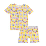 Children's pajama set with colorful pattern on a white background