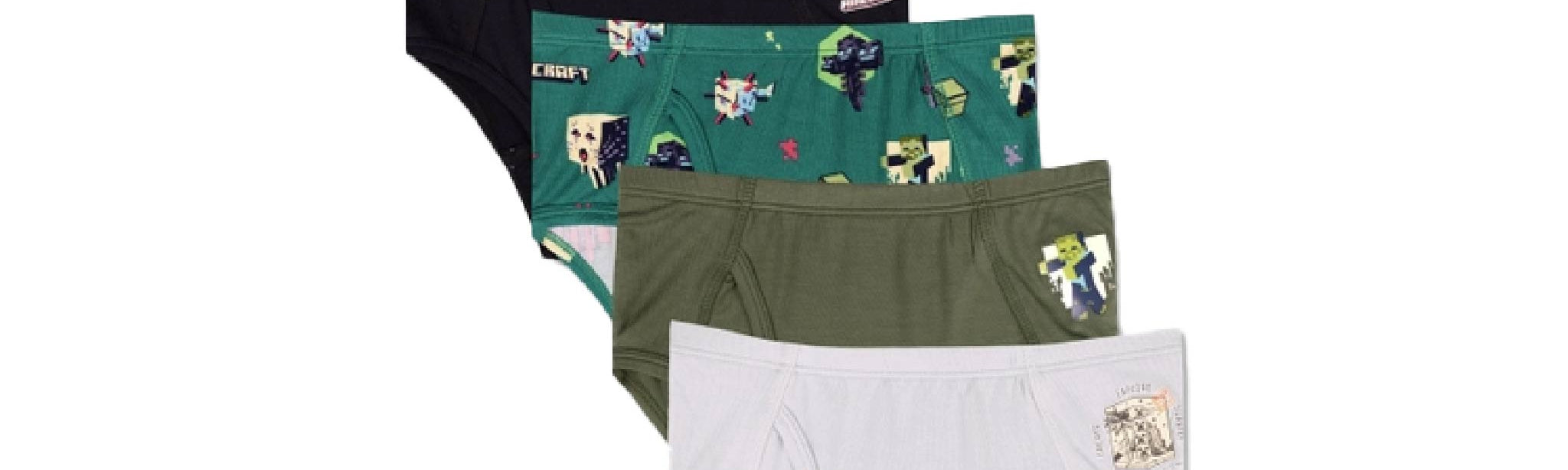Bellabu Bear boys bamboo briefs 7-pack with Minecraft Chicken Jockey prints, all seven pairs shown