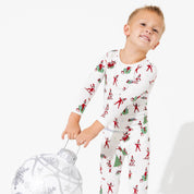 Child wearing Bellabu Bear bamboo kids pyjamas in The Elf on the Shelf print