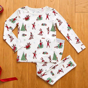 Flat lay of the Bellabu Bear bamboo kids pyjama set in The Elf on the Shelf print, long-sleeve top and full-length bottoms