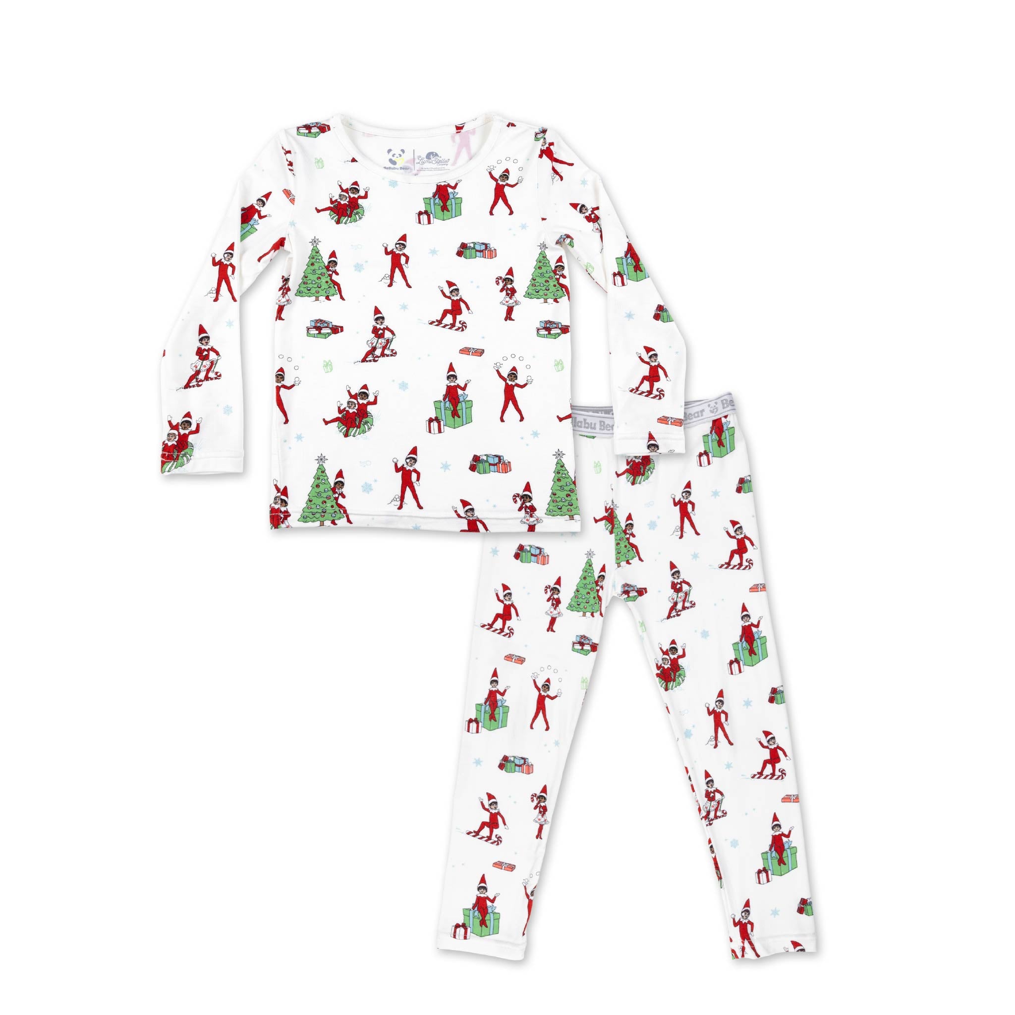 Bellabu Bear bamboo kids pyjamas in The Elf on the Shelf print, front view