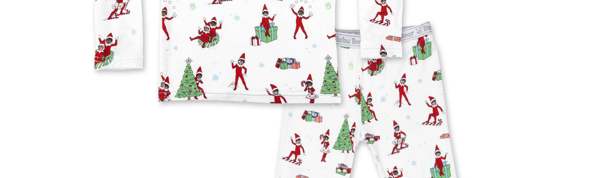 Bellabu Bear bamboo kids pyjamas in The Elf on the Shelf print, front view