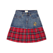 Girls Premium Handcrafted Denim Skirt with Red Flannel Overlay