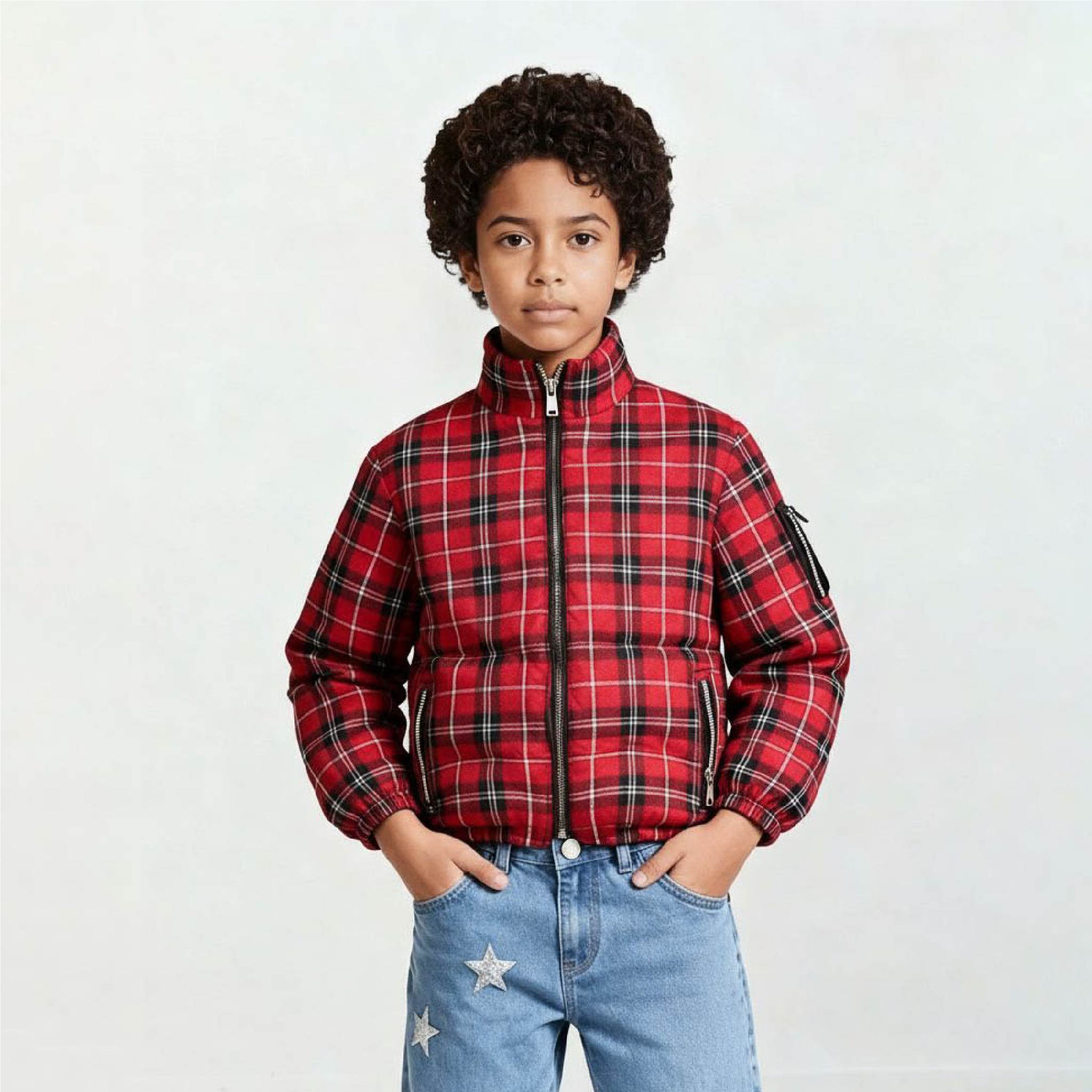 Kids Unisex Red Flannel Puffer Jacket