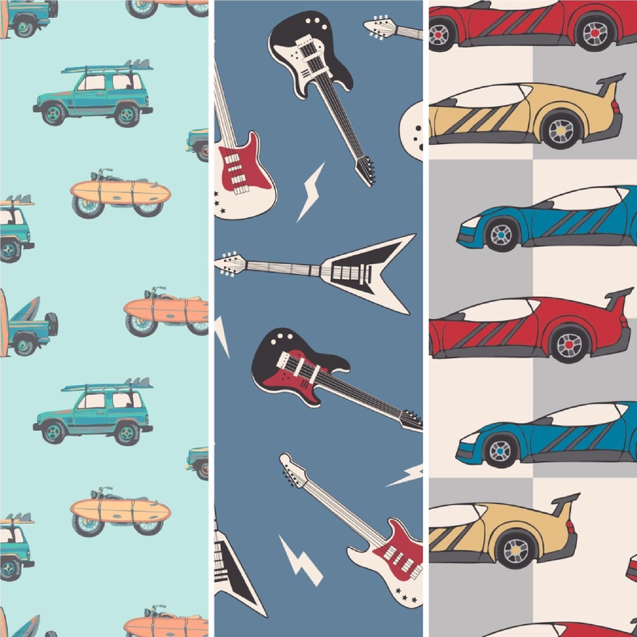 Boys Bamboo Trunks 3-Pack, Rock N Roll Blue + Check the Surf + Matchbox Cars