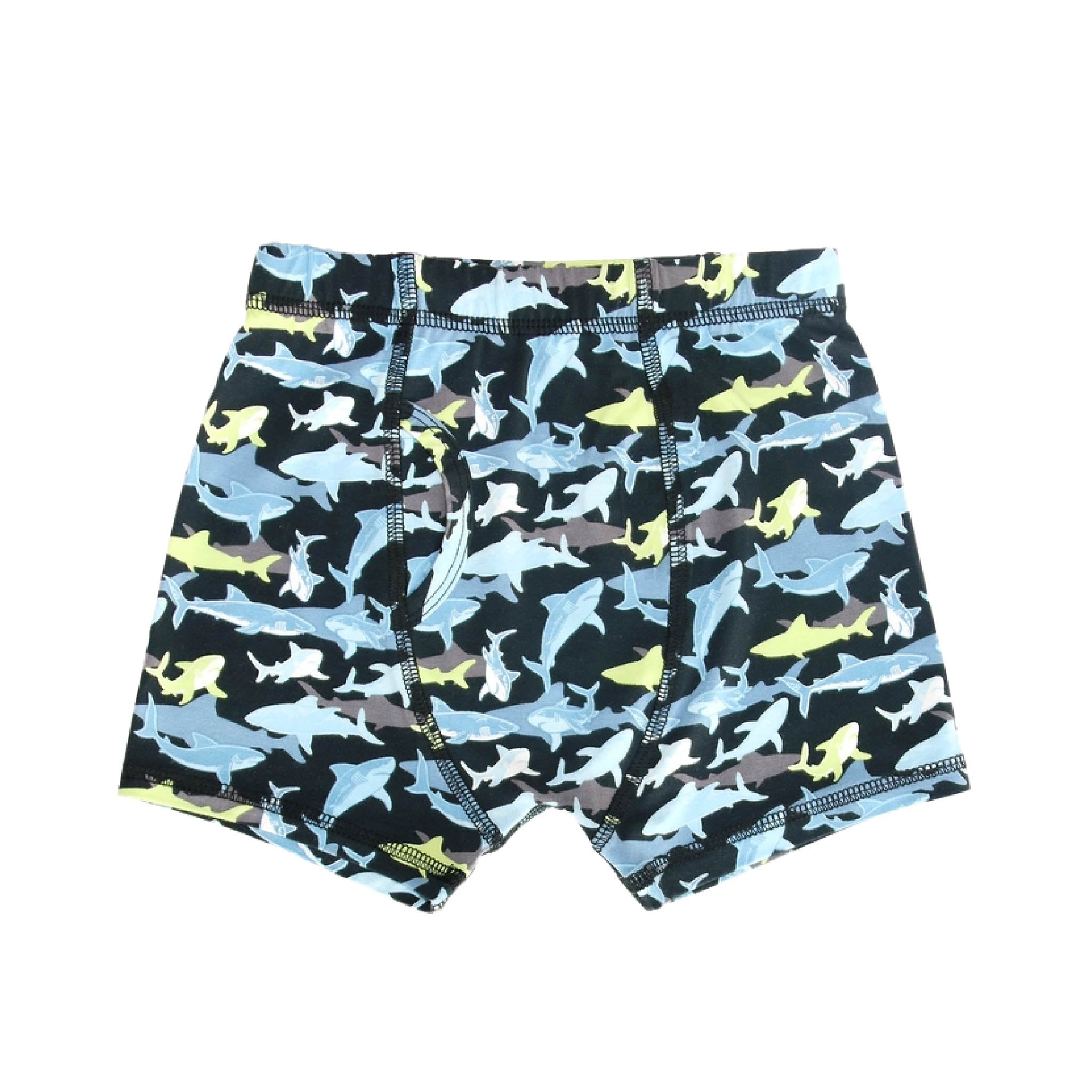 Sweet Bamboo Sharky print bamboo trunks, part of the boys tag-less 3-pack at All Things Dylan